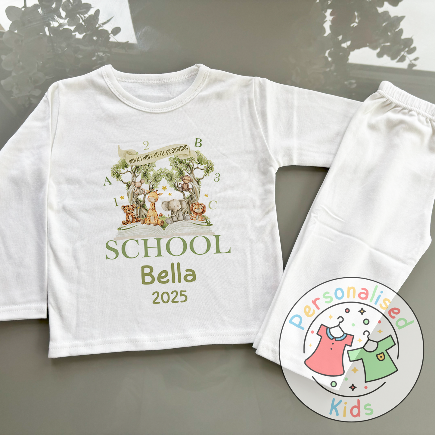 Personalised “When I Wake Up I Will Be Starting” Pyjamas – Safari & School Theme