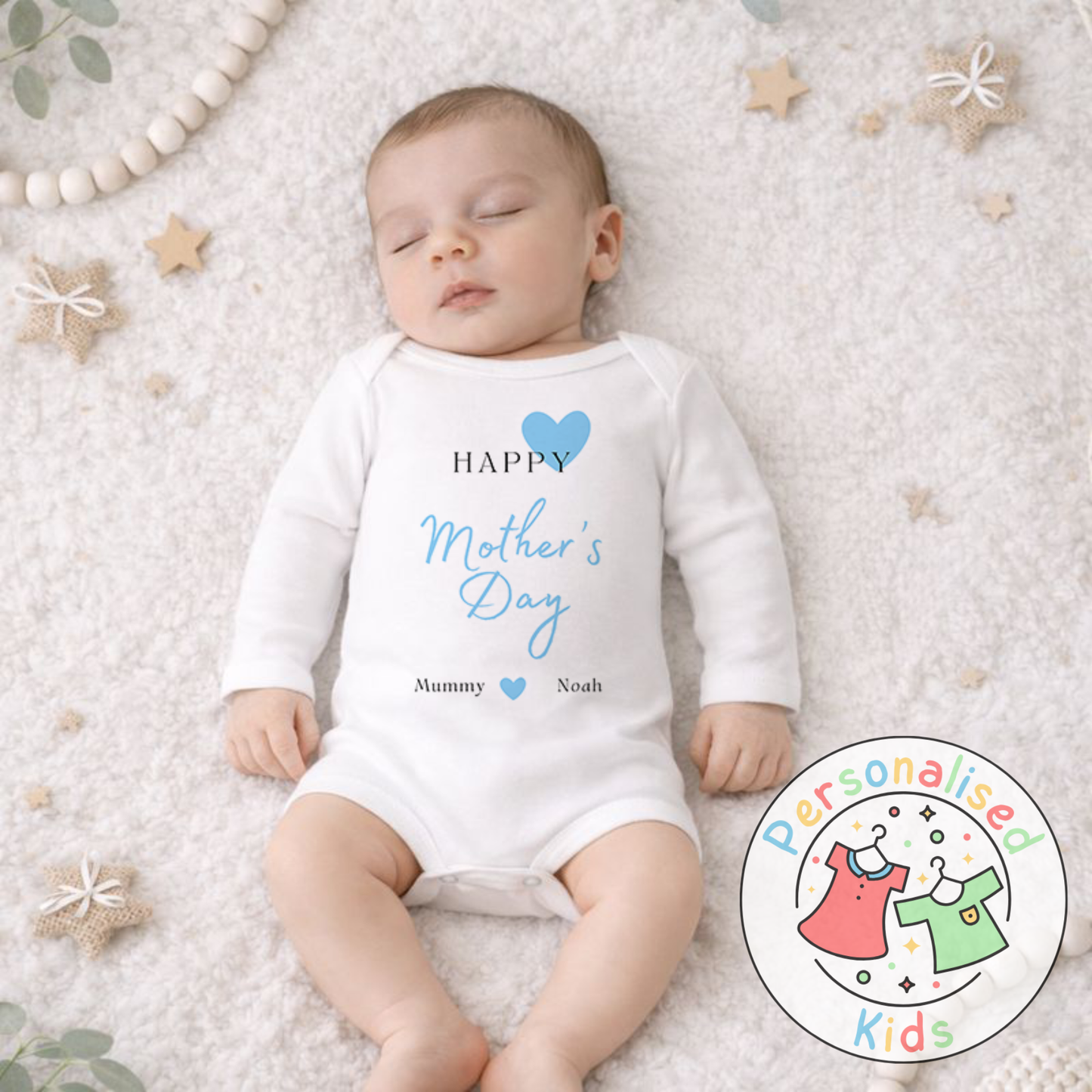 Personalised Mother’s Day Baby Outfit | Blue Heart Design | Baby Grow, Long Sleeve or Romper MD002