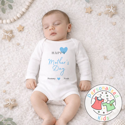 Personalised Mother’s Day Baby Outfit | Blue Heart Design | Baby Grow, Long Sleeve or Romper MD002
