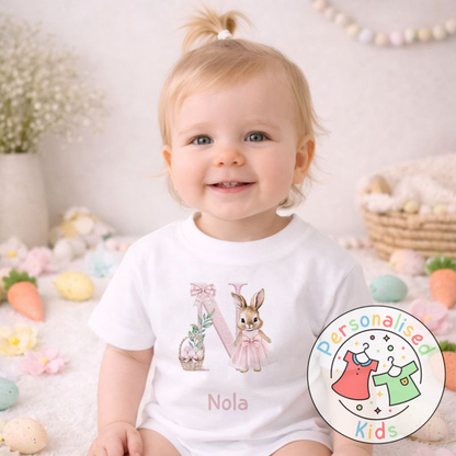 Personalised Bunny Initial T-Shirt (Custom Name) | White Tee 6–12m to 5–6y | Easter & Spring PE001