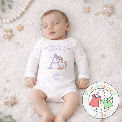 Personalised Hello World Purple Unicorn Baby Outfit PU001