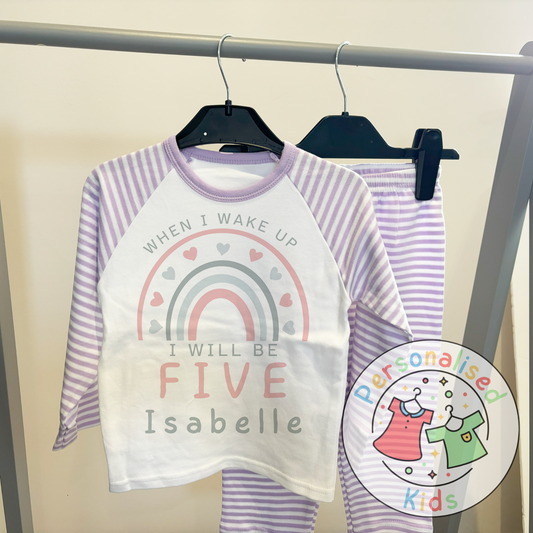 🌈 Personalised Pink & Grey Rainbow "When I Wake Up I Will Be" Birthday Pyjamas – Custom Age & Name 🌟