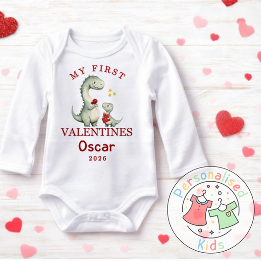 Personalised “My First Valentines” Baby Grow, T-Shirt, Long-Sleeved Bodysuit and Romper V024