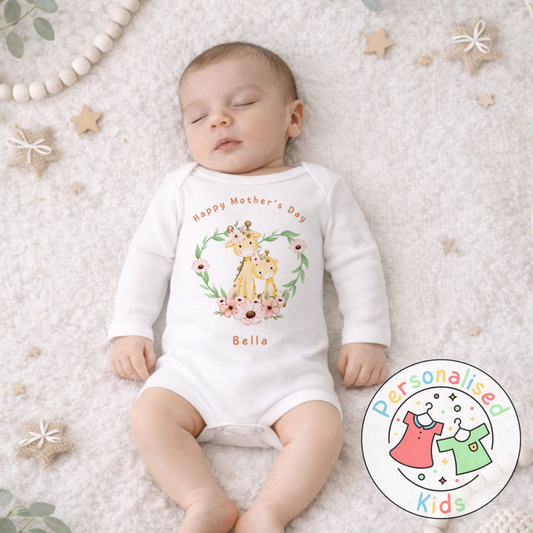 Personalised Mother’s Day Baby Outfit | Giraffe Floral Wreath | Baby Grow, Long Sleeve or Romper MD005