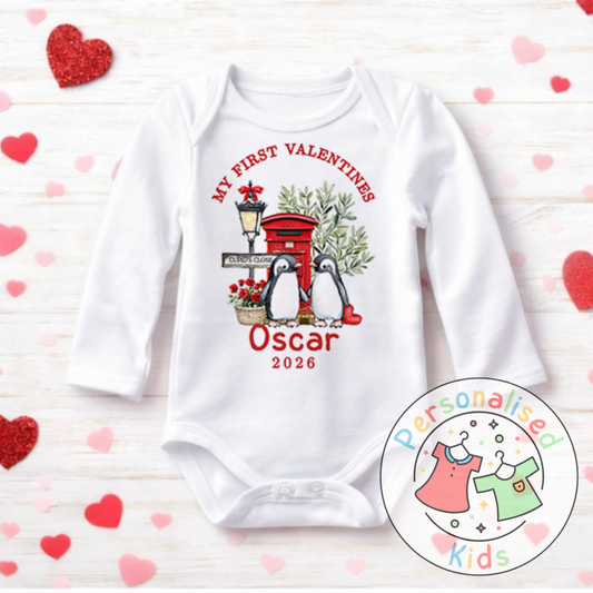 Personalised “My First Valentines” Baby Grow, T-Shirt, Long-Sleeved Bodysuit and Romper V015