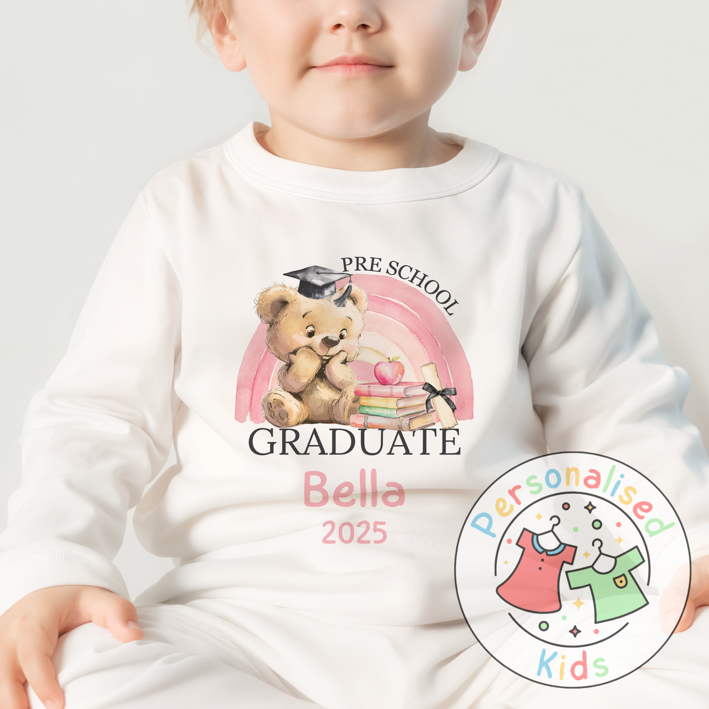 Personalised “GRADUATE” Pyjamas – Pink Rainbow & Bear Graduation Design