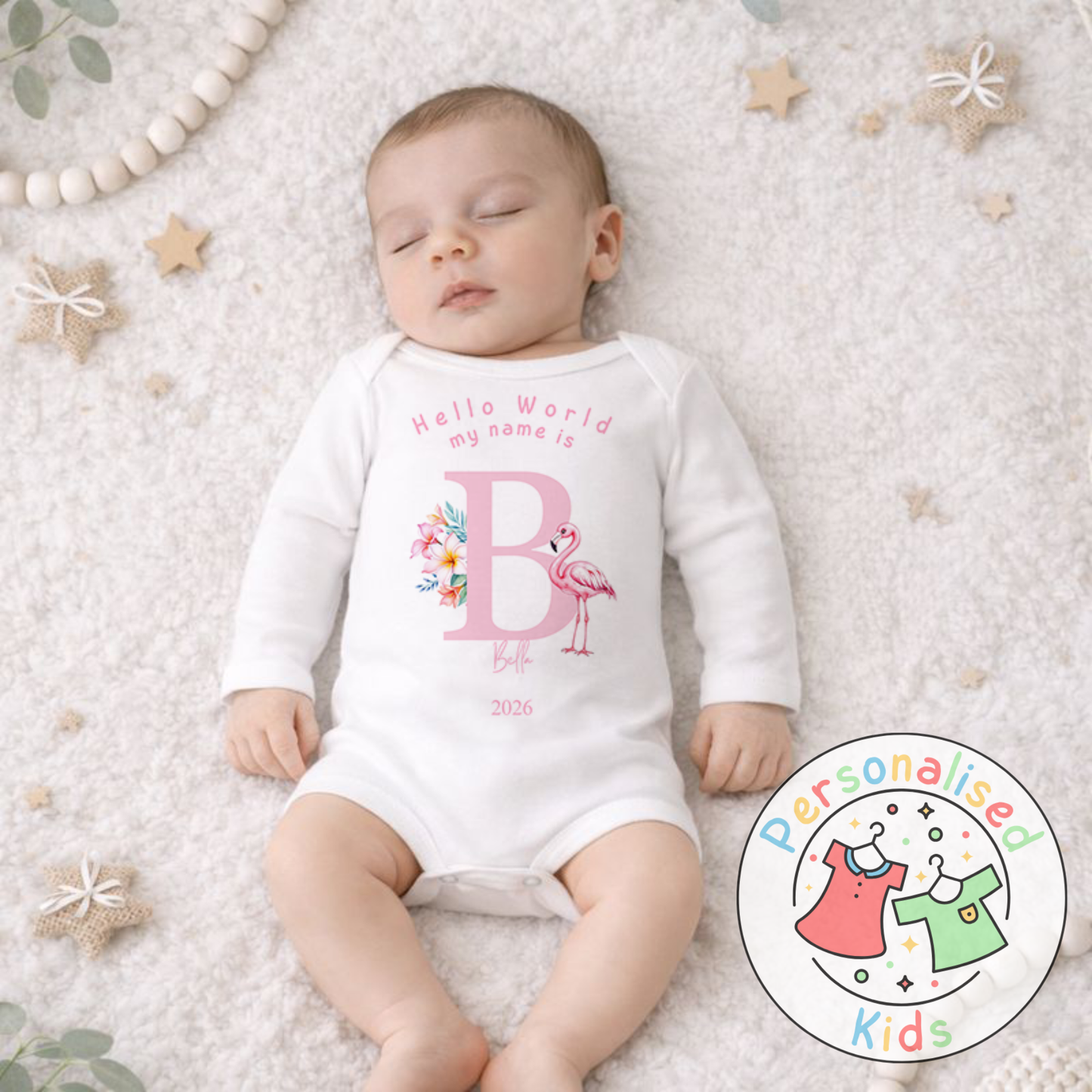 Personalised Hello World Pink Flamingo Baby Outfit PF001