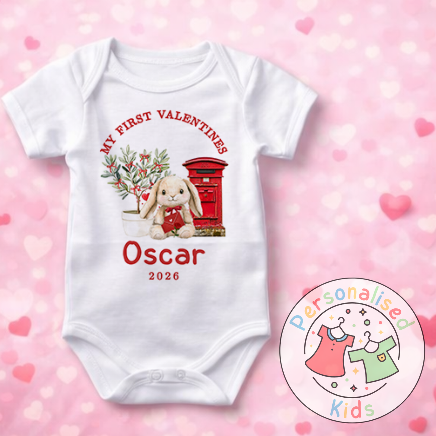 Personalised “My First Valentines” Baby Grow, T-Shirt, Long-Sleeved Bodysuit and Romper V023