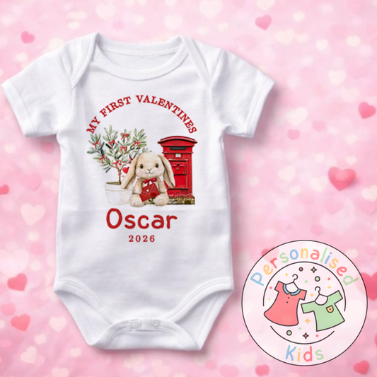 Personalised “My First Valentines” Baby Grow, T-Shirt, Long-Sleeved Bodysuit and Romper V023