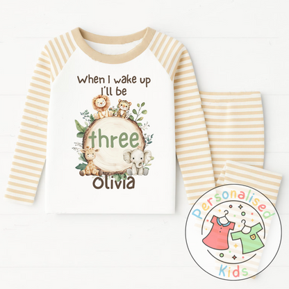 Personalised Safari Animals Birthday Pyjamas – “When I Wake Up I Will Be” Design