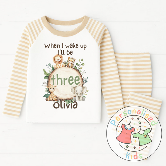 Personalised Safari Animals Birthday Pyjamas – “When I Wake Up I Will Be” Design