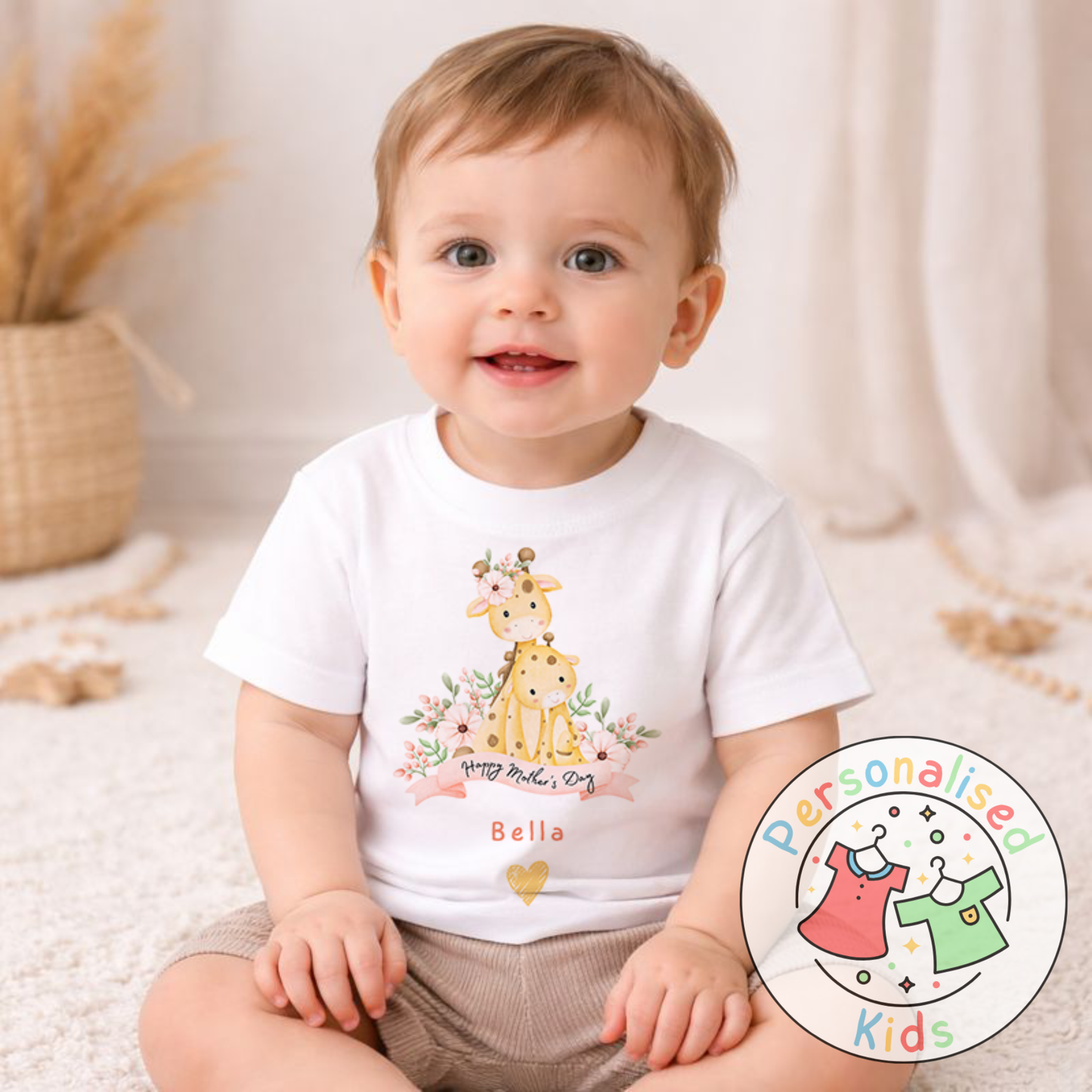 Personalised Mother’s Day Kids T-Shirt | Cute Giraffe Design | Custom Name MD004
