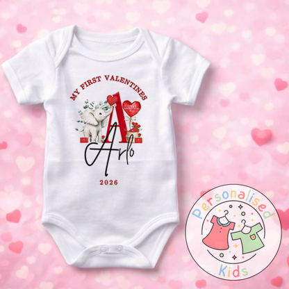 Personalised “My First Valentines” Baby Grow, T-Shirt, Long-Sleeved Bodysuit and Romper V026