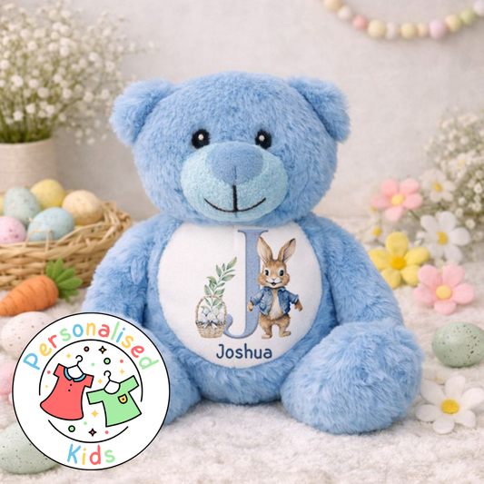 Personalised Easter Teddy Bear - Blue Bunny Initial Design BE003