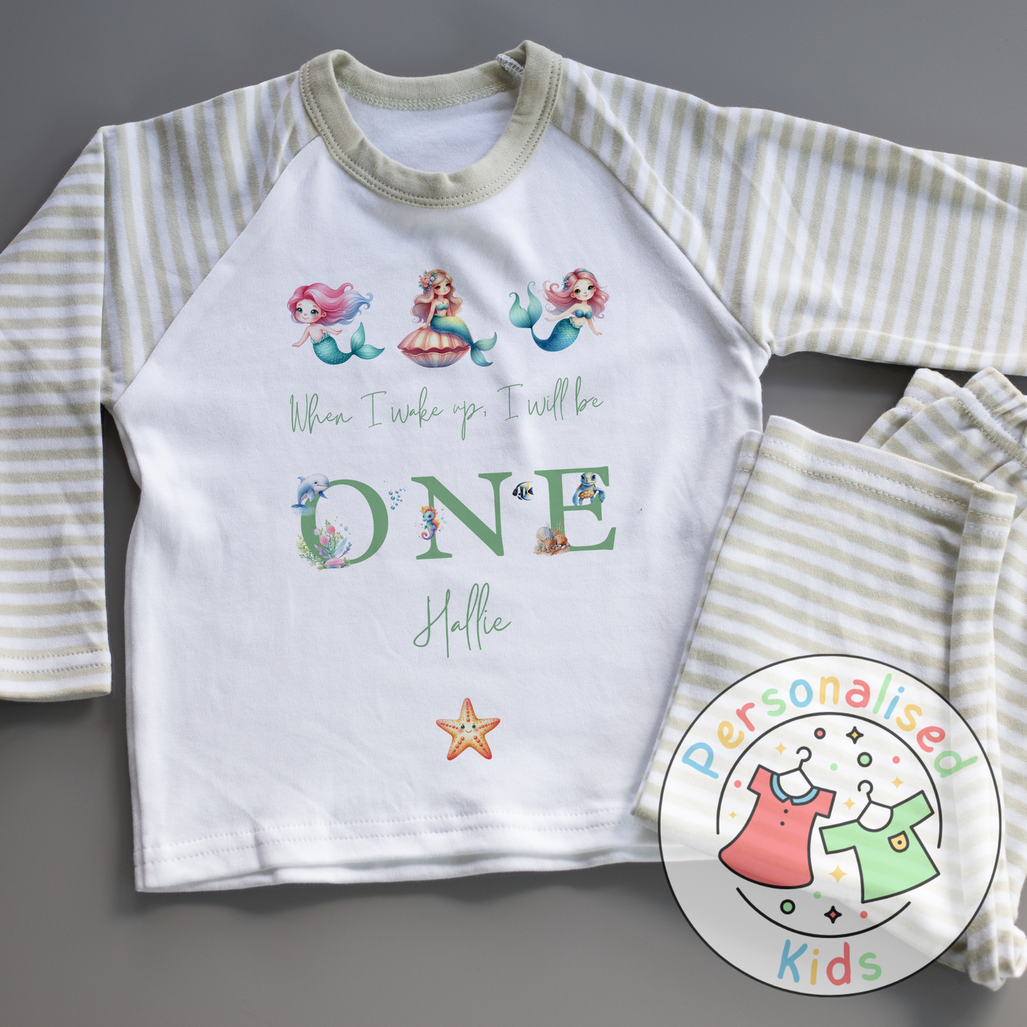 Personalised Mermaid Birthday Pyjamas – “When I Wake Up, I Will Be” Design GREEN WORD
