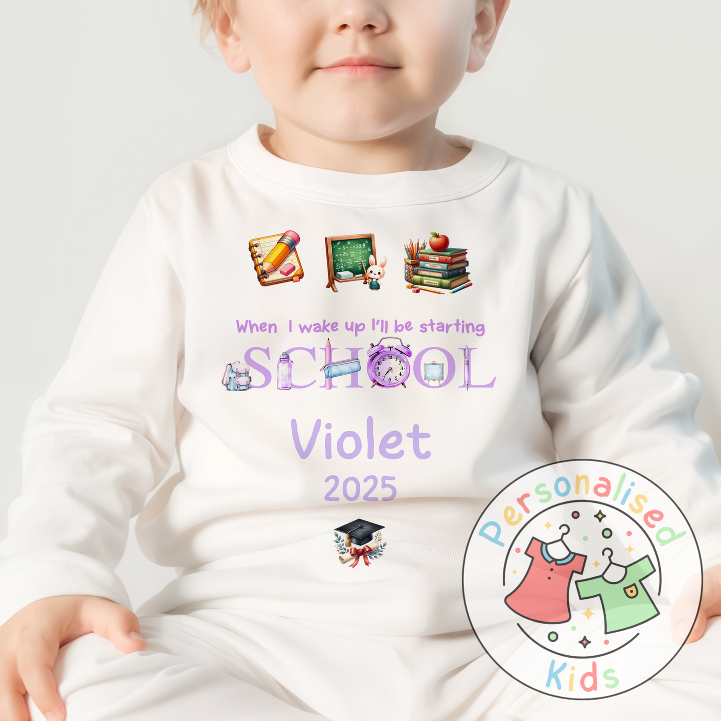 Personalised “When I Wake Up I Will Be Starting School” Pyjamas – Purple Stationery Theme