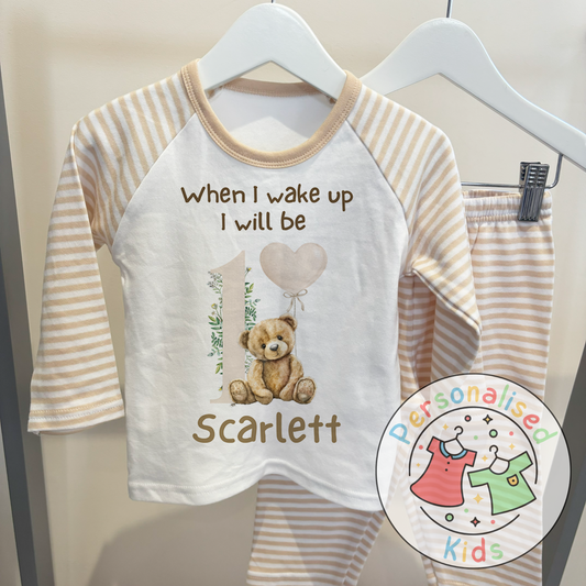 🧸 Personalised "When I Wake Up, I Will Be" Teddy Bear Birthday Pyjamas – Neutral Balloon Design 🎈