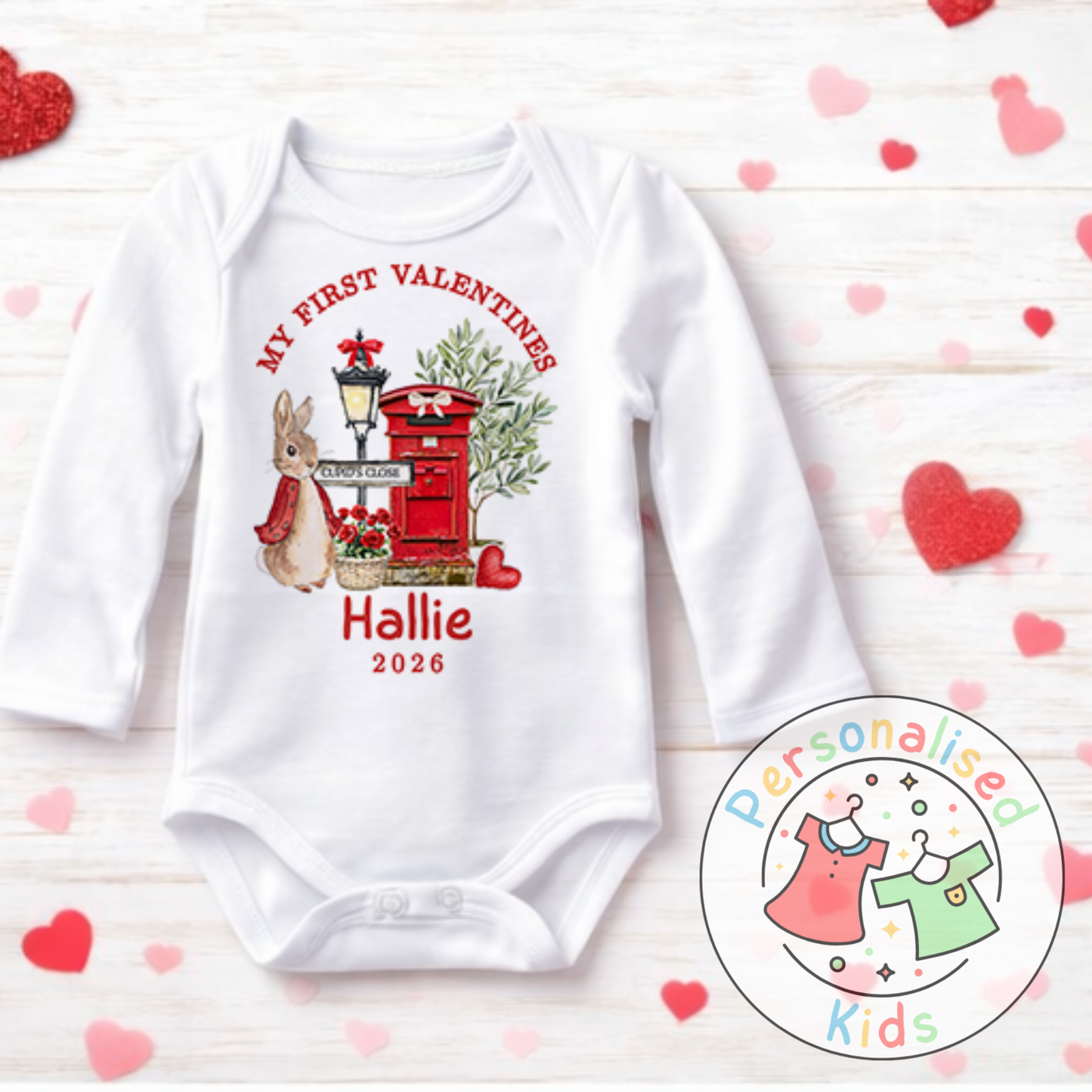 Personalised “My First Valentines” Baby Grow, T-Shirt, Long-Sleeved Bodysuit and Romper V016