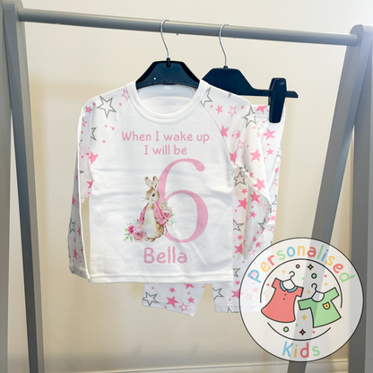 🐰 Personalised "When I Wake Up, I Will Be" Pink Floppy Rabbit Birthday Pyjamas – Custom Age & Name 🎈