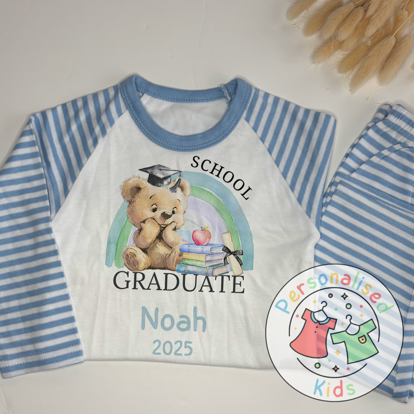Personalised “GRADUATE” Pyjamas – Blue Rainbow & Bear Graduation Design