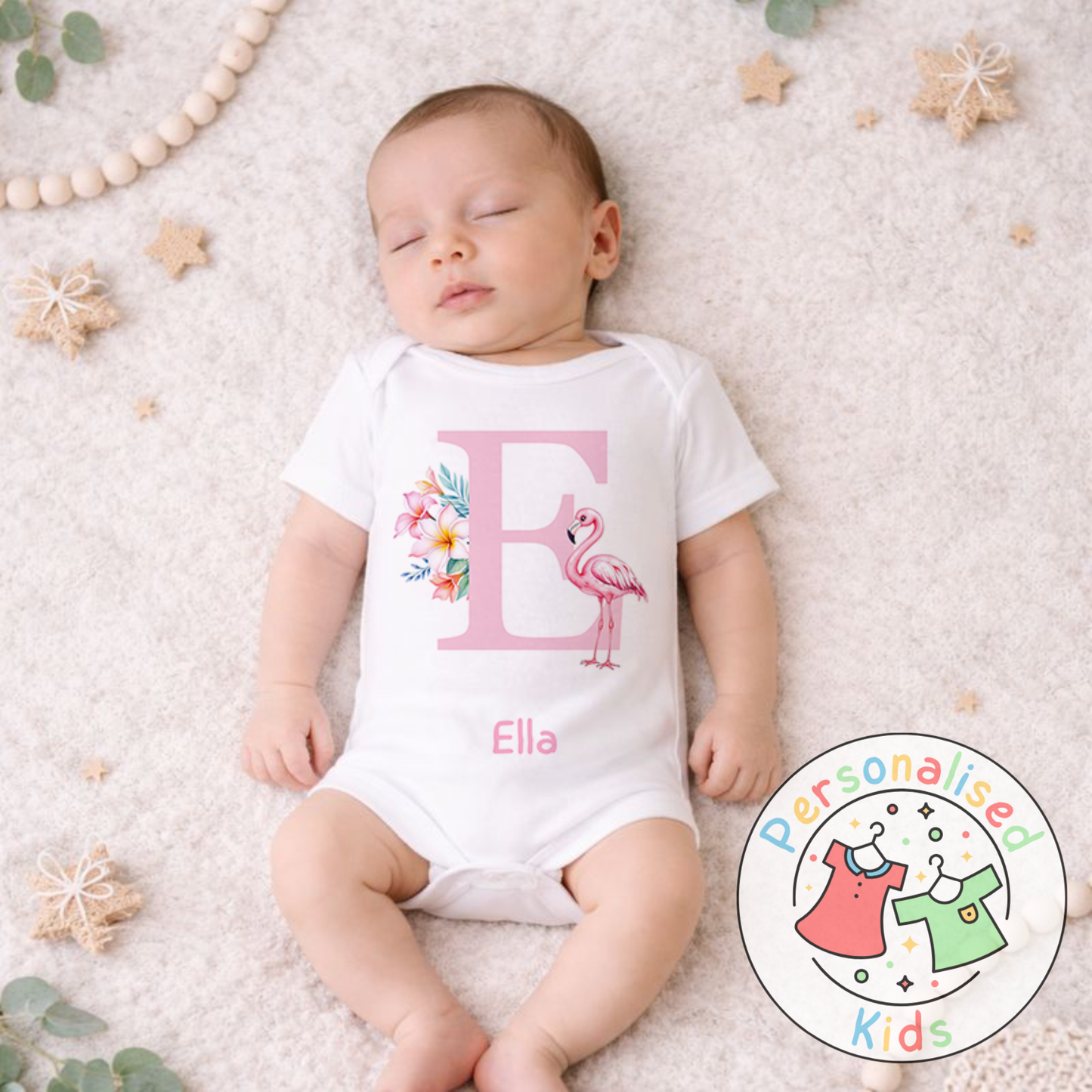 Personalised Initial Pink Flamingo Baby Outfit PF002