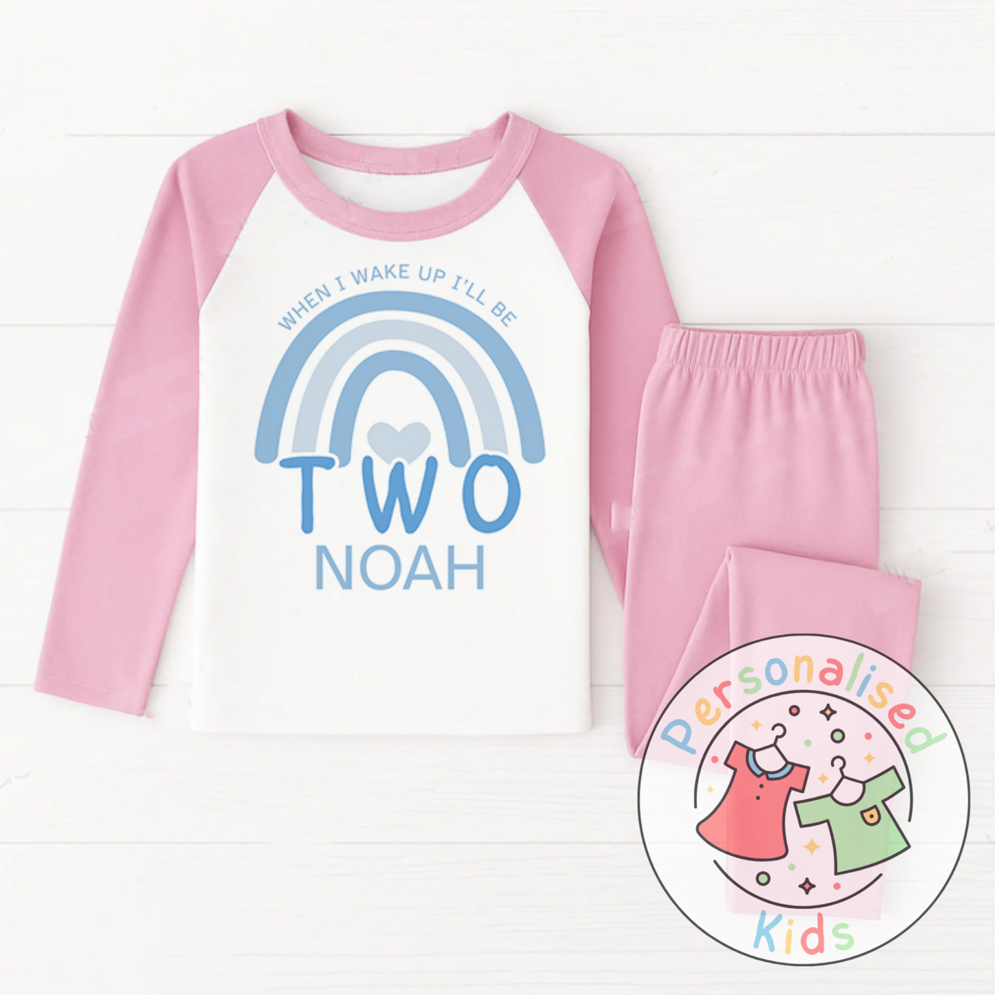 Personalised Blue Rainbow Birthday Pyjamas – “When I Wake Up, I Will Be” Design