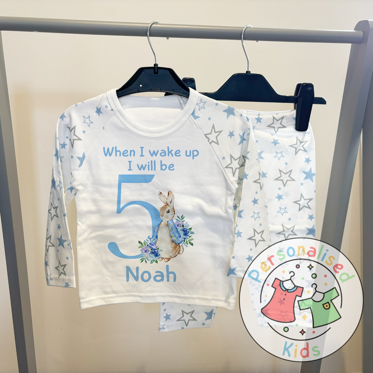 🐰 Personalised "When I Wake Up, I Will Be" Blue Floppy Rabbit Birthday Pyjamas – Custom Age & Name 🎈