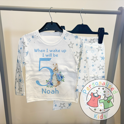 🐰 Personalised "When I Wake Up, I Will Be" Blue Floppy Rabbit Birthday Pyjamas – Custom Age & Name 🎈