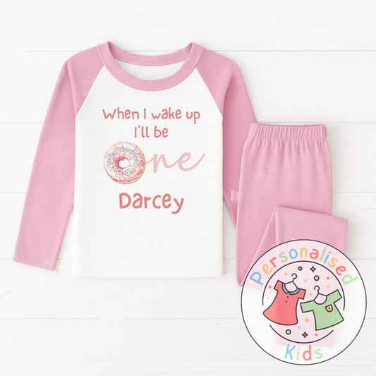 Personalised Donut First Birthday Pyjamas – “When I Wake Up, I’ll Be One” Design