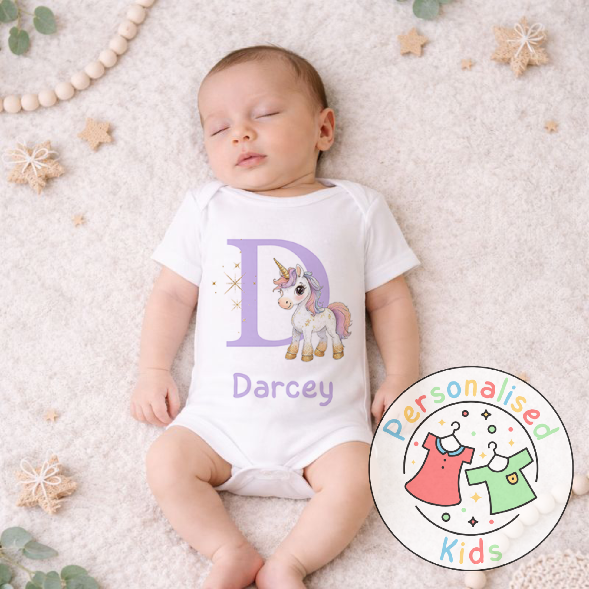 Baby wearing a white onesie with a unicorn design and 'Darcey' text, lying on a textured surface with decorative elements.