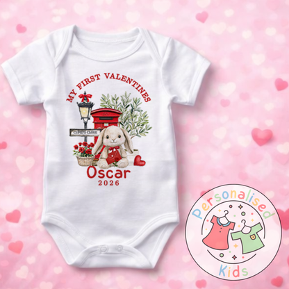 Personalised “My First Valentines” Baby Grow, T-Shirt, Long-Sleeved Bodysuit and Romper V017