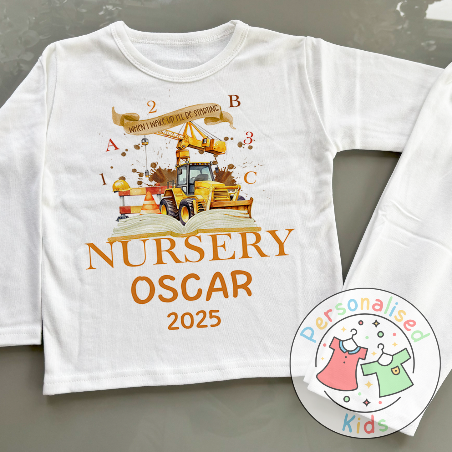 Personalised “When I Wake Up I Will Be Starting” Pyjamas – School & Digger Themed