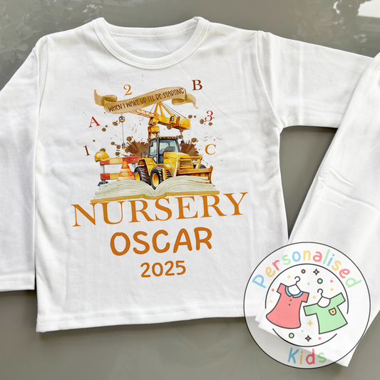 Personalised “When I Wake Up I Will Be Starting” Pyjamas – School & Digger Themed