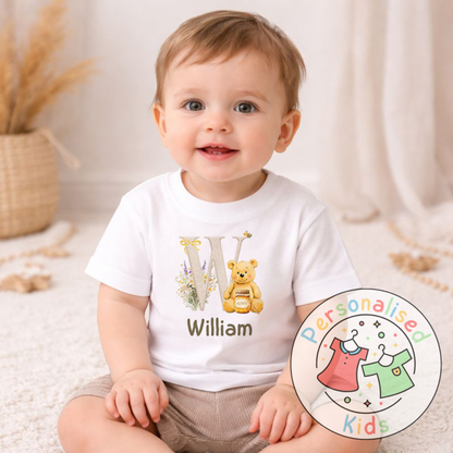 Personalised Honey Bear Initial Kids T-Shirt HB001