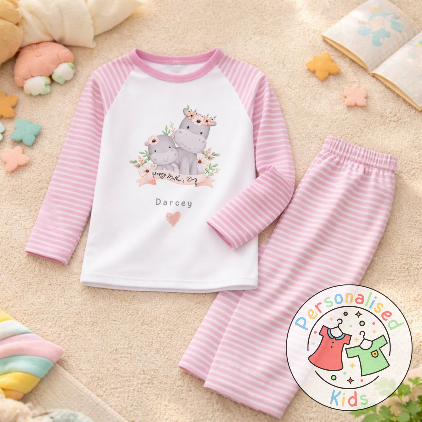 Personalised Mother’s Day Kids Pyjamas – Mummy & Baby Hippo MD006