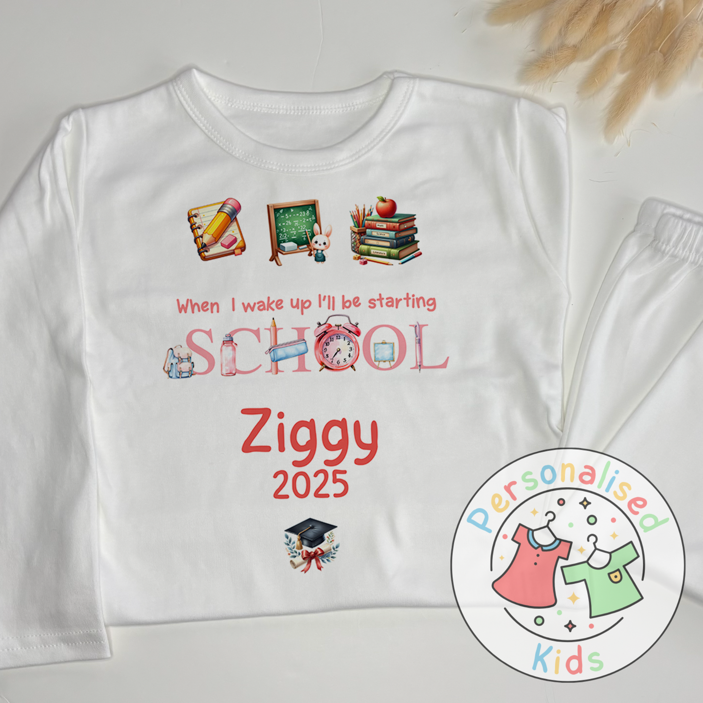 Personalised “When I Wake Up I Will Be Starting School” Pyjamas – Red Stationery Theme