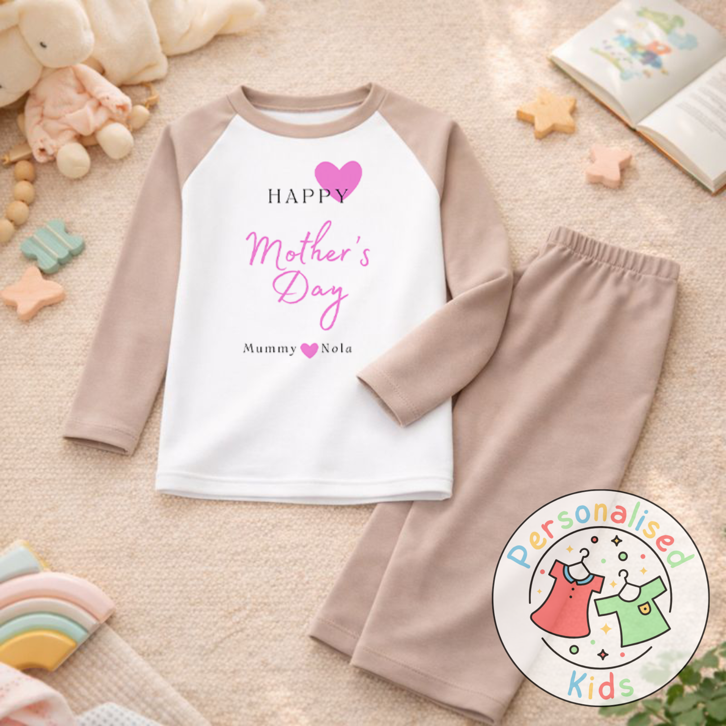 Personalised Mother’s Day Kids Pyjamas | Pink Heart Design | Custom Names MD003