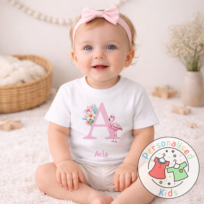 Personalised Pink Flamingo Initial Kids T-Shirt PF002