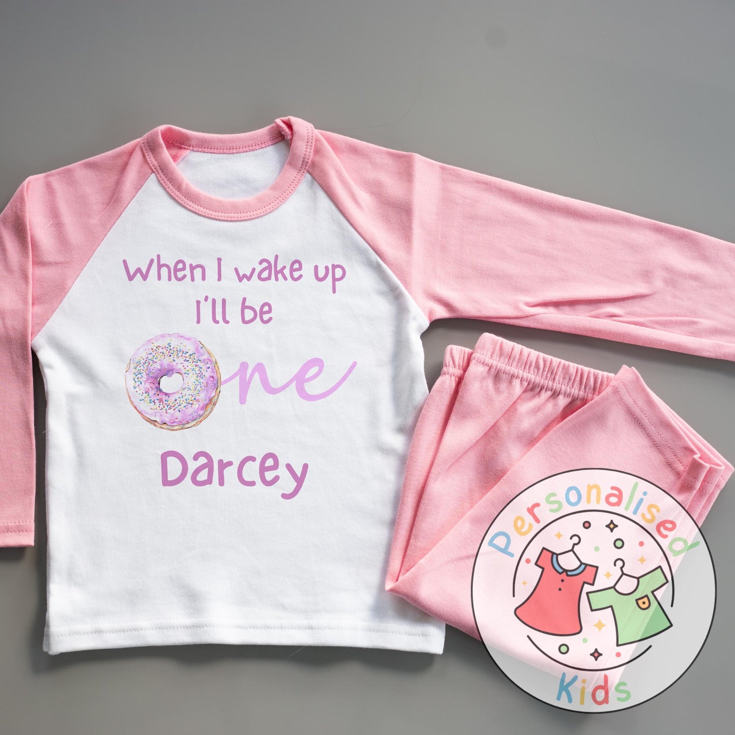 Personalised Donut First Birthday Pyjamas – “When I Wake Up, I’ll Be One” Design