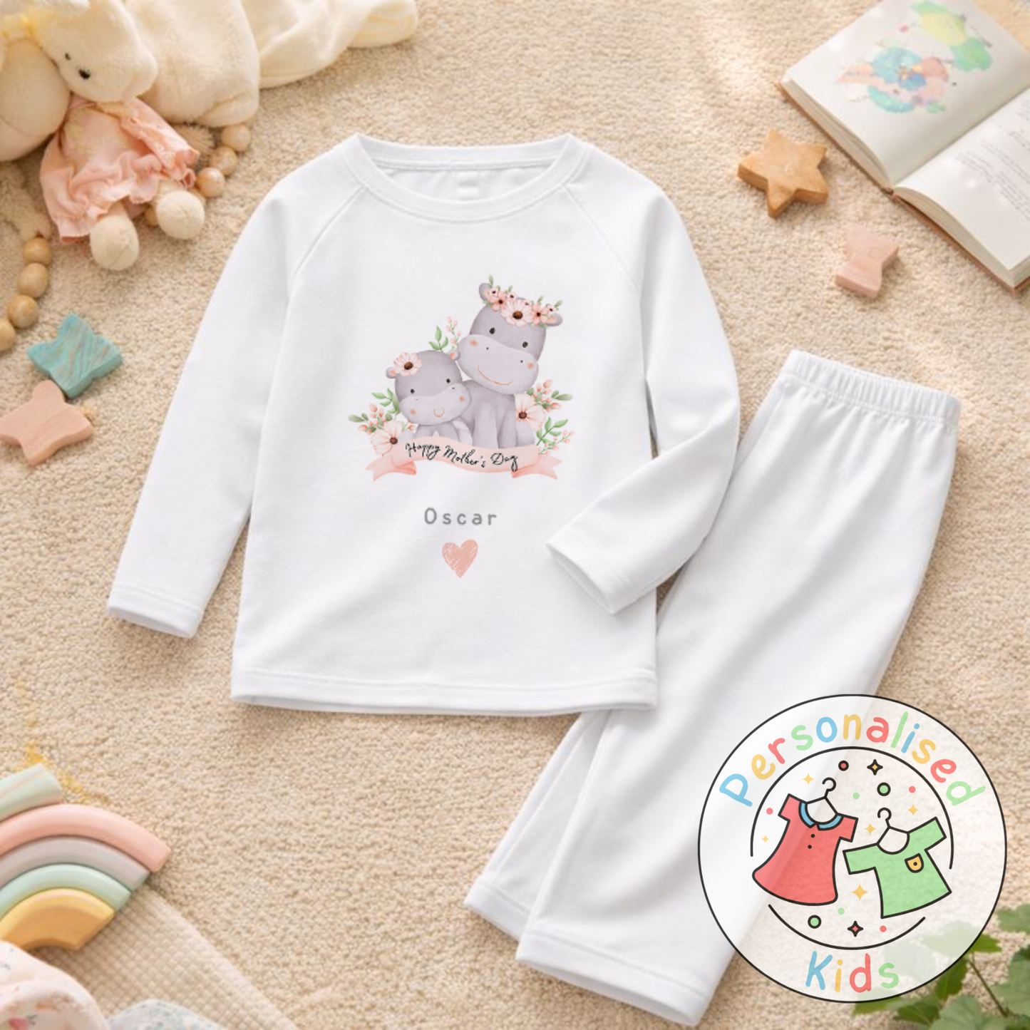 Personalised Mother’s Day Kids Pyjamas – Mummy & Baby Hippo MD006