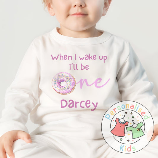 Personalised Donut First Birthday Pyjamas – “When I Wake Up, I’ll Be One” Design