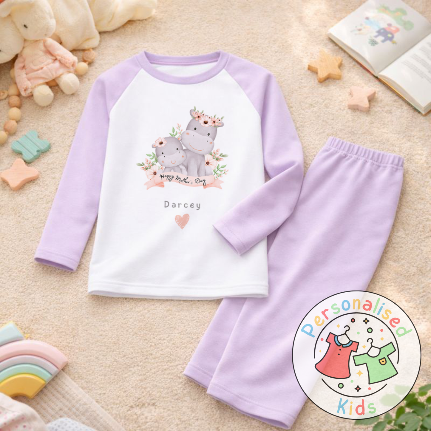 Personalised Mother’s Day Kids Pyjamas – Mummy & Baby Hippo MD006