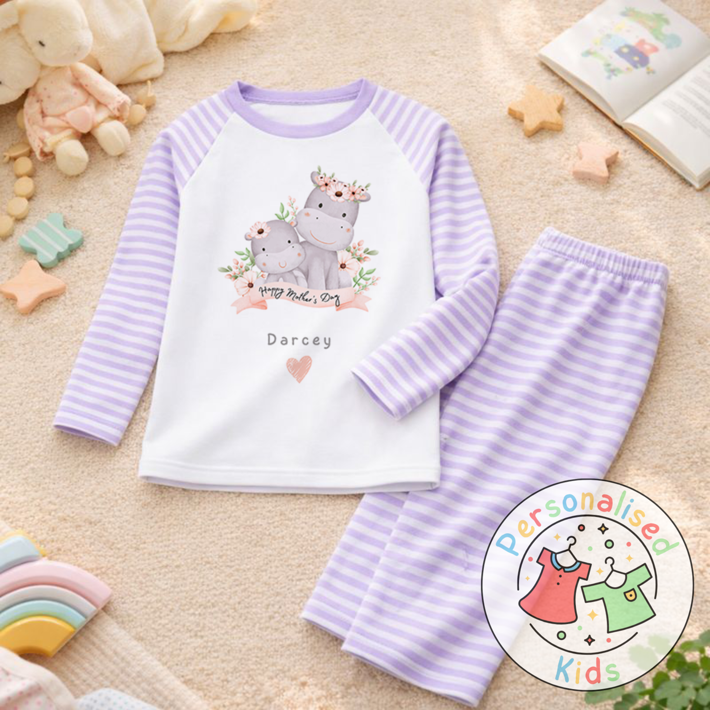 Personalised Mother’s Day Kids Pyjamas – Mummy & Baby Hippo MD006