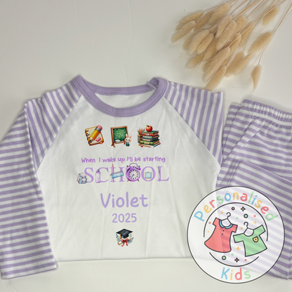 Personalised “When I Wake Up I Will Be Starting School” Pyjamas – Purple Stationery Theme
