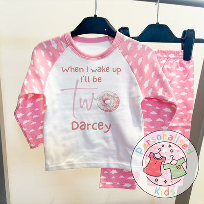 Personalised Donut Second Birthday Pyjamas – “When I Wake Up, I’ll Be Two” Design