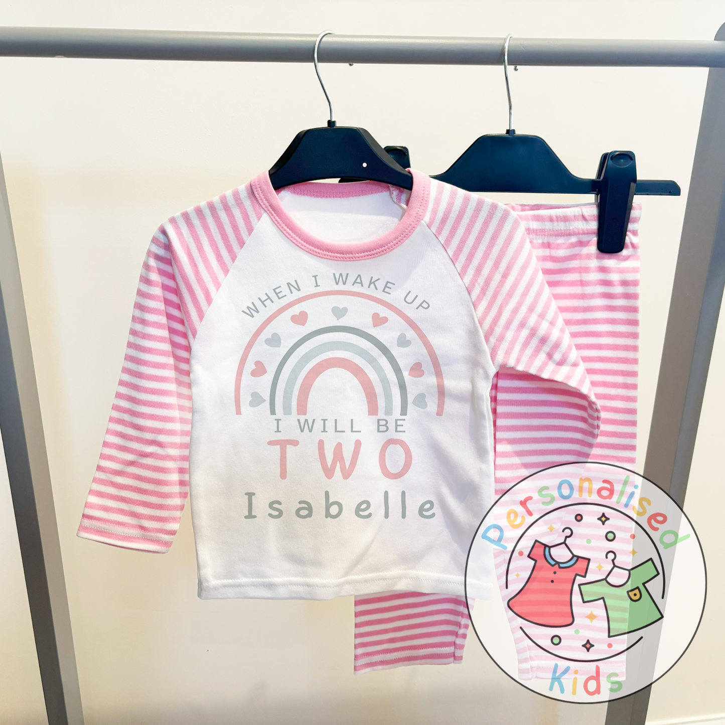 🌈 Personalised Pink & Grey Rainbow "When I Wake Up I Will Be" Birthday Pyjamas – Custom Age & Name 🌟