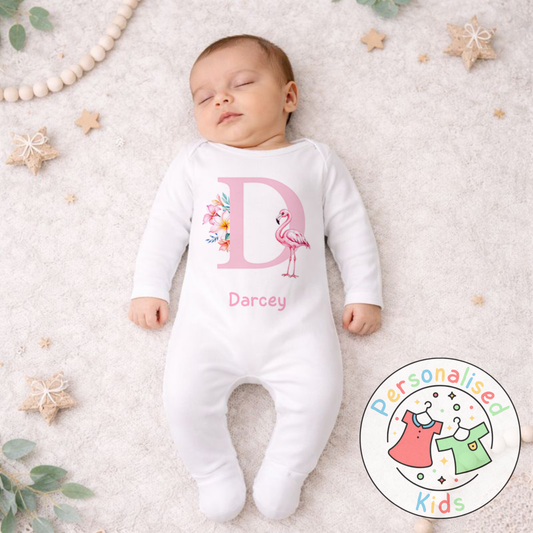 Personalised Initial Pink Flamingo Baby Outfit PF002