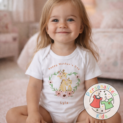 Personalised Mother’s Day Baby Outfit | Giraffe Floral Wreath | Baby Grow, Long Sleeve or Romper MD005