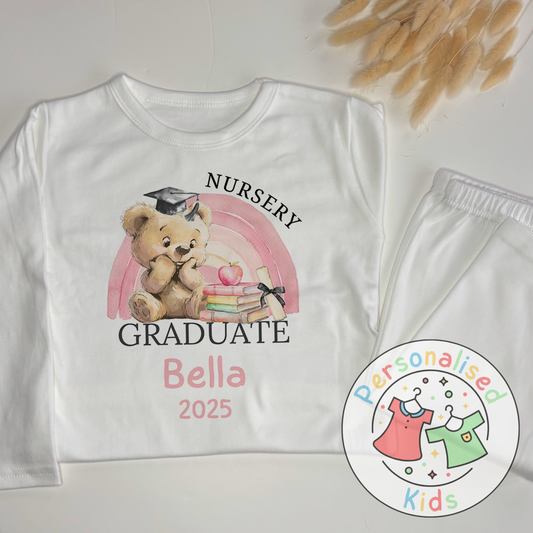 Personalised “GRADUATE” Pyjamas – Pink Rainbow & Bear Graduation Design