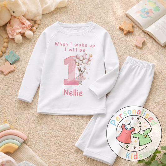 Personalised "When I Wake Up, I Will Be" Pink Floppy Rabbit Birthday Pyjamas – Custom Age & Name